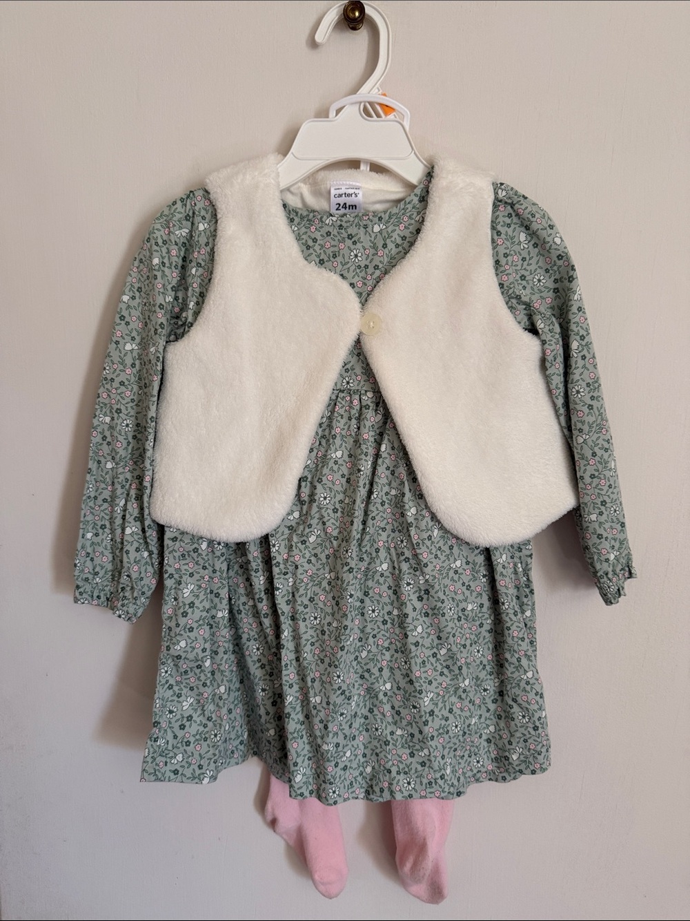 Carter's Green Floral Dress with Cream Faux Fur Vest and Pink Tights